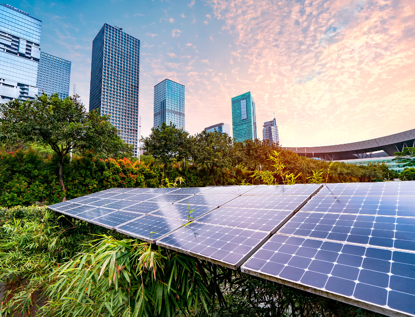 Solar panels installed in the middle of the city