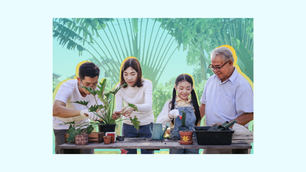 A family is landscaping together in an outdoor setting. The group includes a man, woman, young girl, and elderly man, all engaged in planting and caring for various plants, showcasing a multigenerational bonding activity.